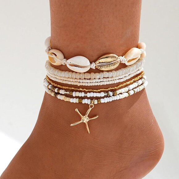 Shell Ankle Bracelet Set for Women Gold Plated Boho Bead Adjustable Anklet Gifts - Picture 2 of 7